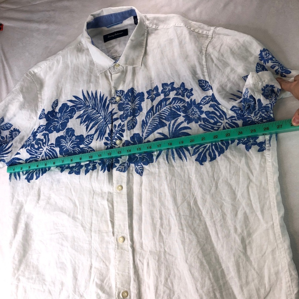 Tommy Bahama Reverse Print Linen Men XXL Button Shirt White Blue Floral Hawaiian - Picture 11 of 16